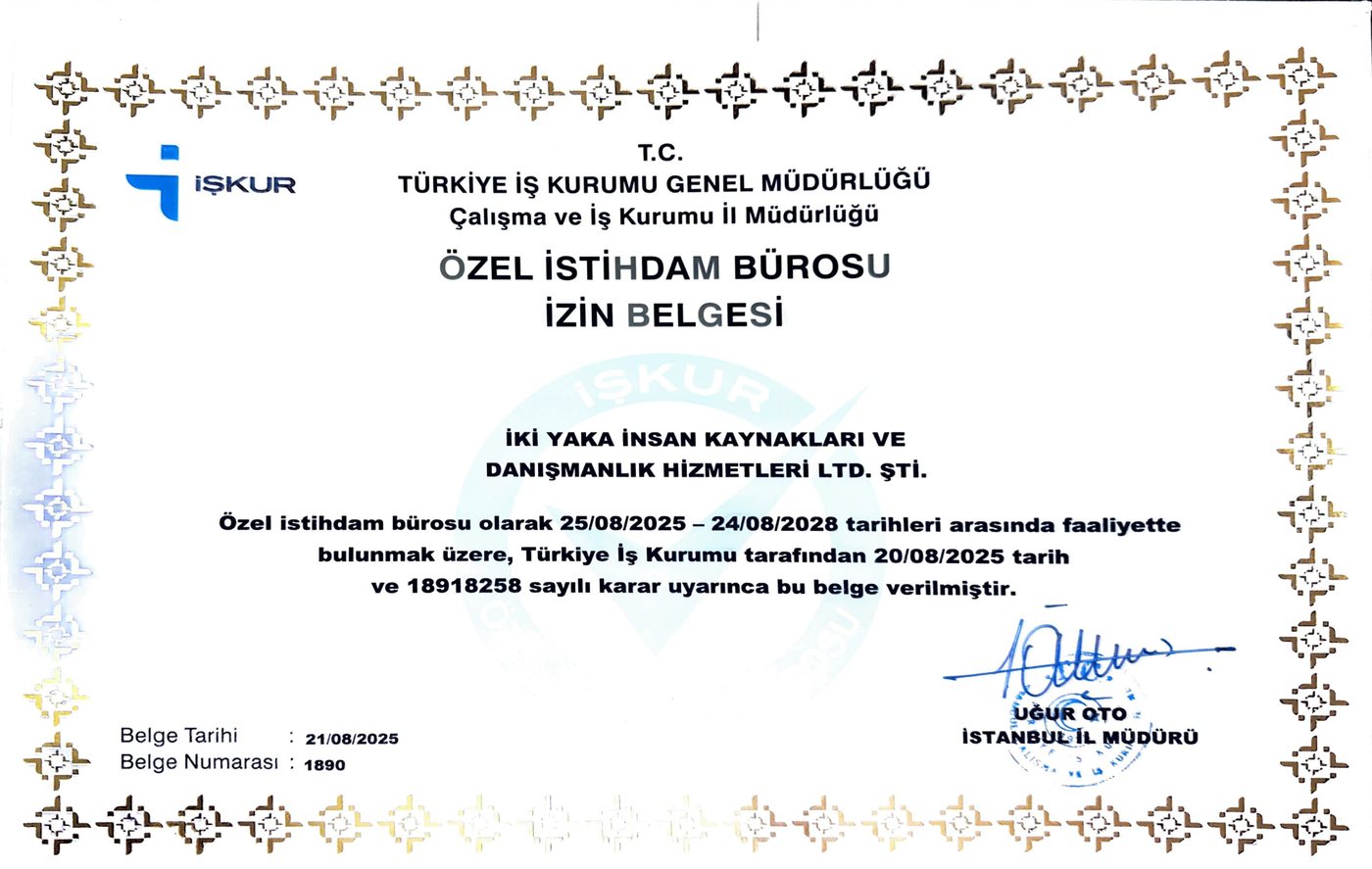 Türkiye İş Kurumu Özel İstihdam Bürosu İzin Belgesi — İki Yaka İnsan Kaynakları ve Danışmanlık Hizmetleri Ltd. Şti., 25/08/2025 – 24/08/2028
